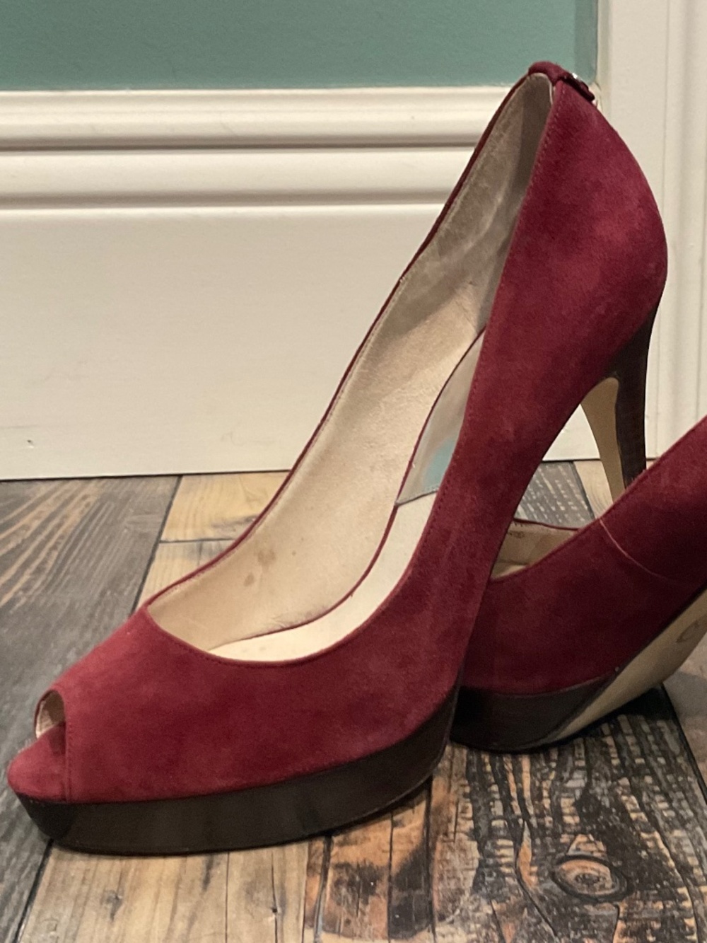 MICHAEL KORS York Platform Bordeaux Suede Leather Peep Toe High Heels Stiletto